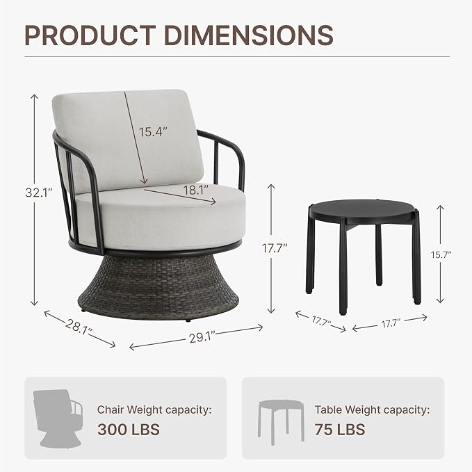 KISLOT 3 PCS Patio Furniture Set,Outdoor Swivel Chairs Set of 2 w/Side Table,Wicker Patio Bistro Set with Overstuffed Washable Cushions or Porch, Balcony, Deck, Dark Gray Rattan and light Gray Cushion