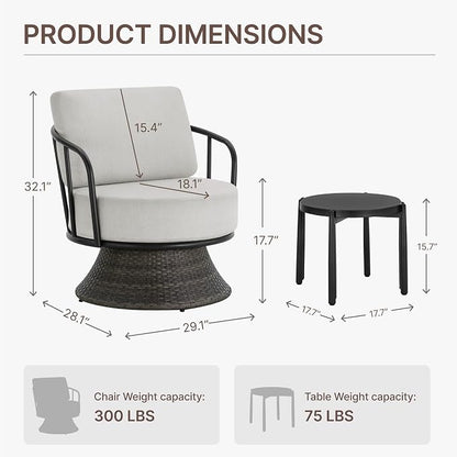 KISLOT 3 PCS Patio Furniture Set,Outdoor Swivel Chairs Set of 2 w/Side Table,Wicker Patio Bistro Set with Overstuffed Washable Cushions or Porch, Balcony, Deck, Dark Gray Rattan and light Gray Cushion