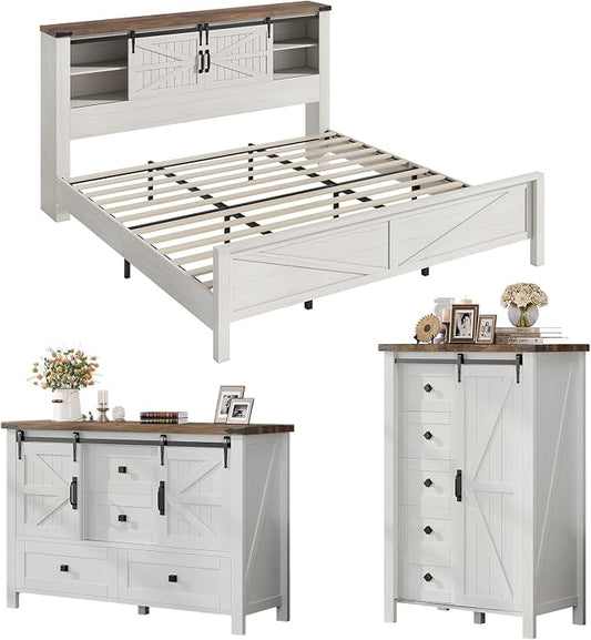AMERLIFE 3-Piece Farmhouse Bedroom Set, King Size Bed with Sliding Barn Doors & Bookcase Headboard, 5-Drawer Tall Dresser, 4-Drawer Wide Dresser, Antique White