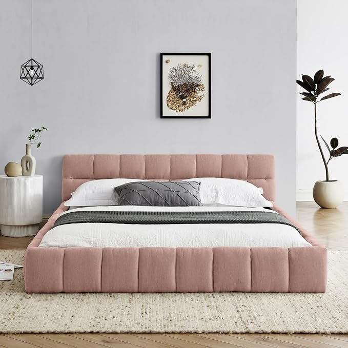 KEIKI Queen Thick Chenille Platform Bed Frame with Upholstered Tufted Headboard, Modern Solid Wood Floor Platform for Bedroom, No Box Spring Needed