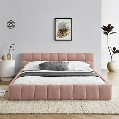 KEIKI Queen Thick Chenille Platform Bed Frame with Upholstered Tufted Headboard, Modern Solid Wood Floor Platform for Bedroom, No Box Spring Needed
