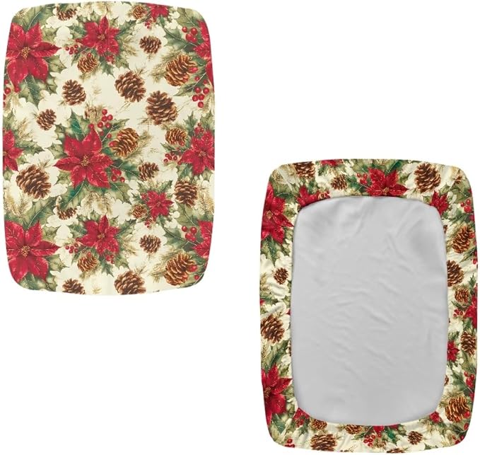 Christmas Flowers Bar Stool Seat Covers Holiday Festive Rectangle Bar Stool Cover 2 Pack Washable Removable Counter Stool Chair Covers for Kitchen Pub Dining Room