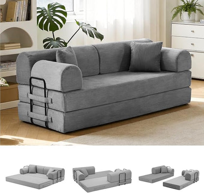 79'' Convertible Sofa Bed, 6 in 1 Folding Floor Futon Couch Sleeper with Fixed Frame, Corduroy Modular Sofa Bed with Removable Armrests & Pillows, No Assembly for Living Room Bedroom (Light Gray)