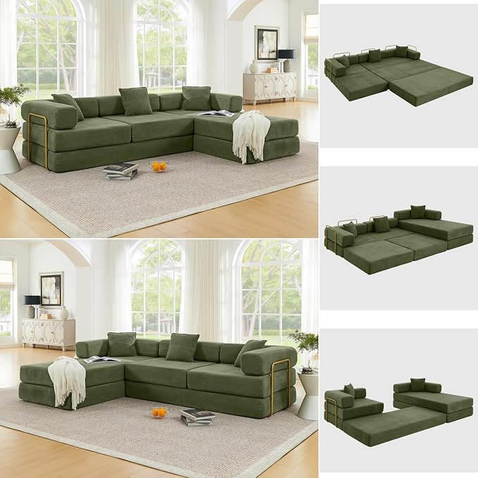 HANXIN 108" Modular Sectional Sofa, Futon Convertible Sofa Bed,Oversized Corduroy Boneless Couch for Living Room,Floor Loveseat Sleeper with Pull Out Bed,Free Combination,No Assembly Required (Green)