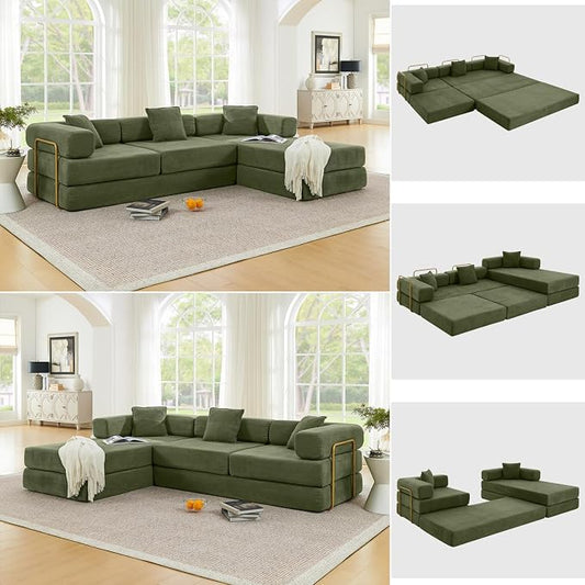 HANXIN 108" Modular Sectional Sofa, Futon Convertible Sofa Bed,Oversized Corduroy Boneless Couch for Living Room,Floor Loveseat Sleeper with Pull Out Bed,Free Combination,No Assembly Required (Green)