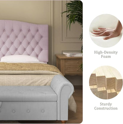 Furpopup Velvet Queen Size Headboard Only, Upholstered Wall Mount, Pink | 2 ways to use:Wall-mounted (for adjustable bed) and bed frame mounted, Easy to assemble, Classic button design headboard