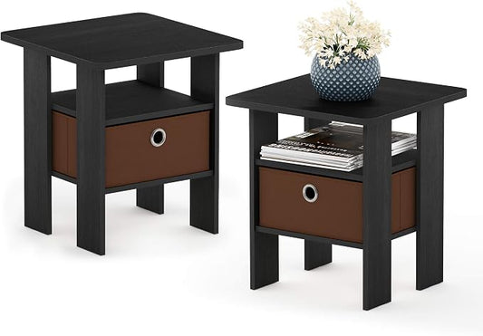 Furinno Andrey Set of 2 End Table / Side Table / Night Stand / Bedside Table with Bin Drawer, Americano/Medium Brown