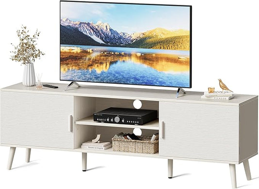 SUPERJARE TV Stand for 55 Inch TV, Entertainment Center with Adjustable Shelf, 2 Cabinets, TV Console Table, Media Console, Solid Wood Feet, Cord Holes, for Living Room, Bedroom, White