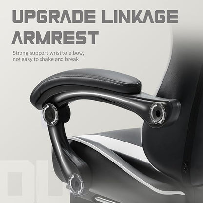 DUMOS Ergonomic Gaming Office Desk Chair with Footrest and Headrest, PU Leather Video Computer Chair with Linkage Armrests, Height Adjustable 360° Swivel Recling, Black White