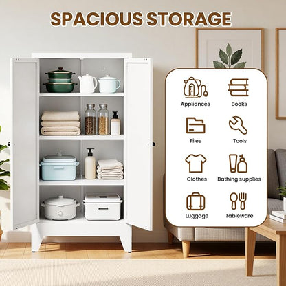 Metal Pantry Cabinet, 47" Kitchen Pantry Cabinet with 2 Doors and 3 Adjustable Shelves, White Steel Storage Cupboard for Dining, Office, Living Room, Bathroom