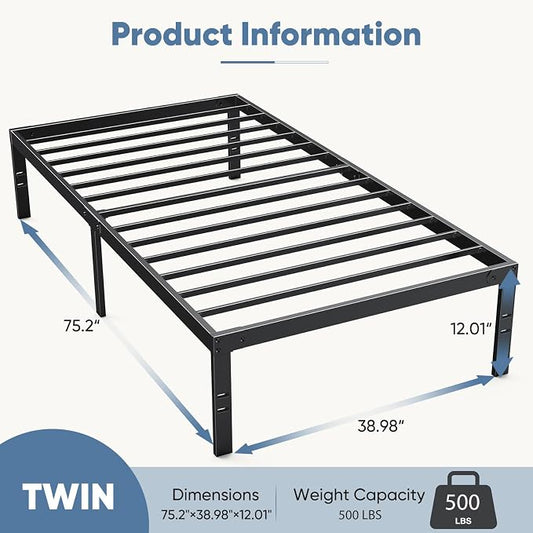 DUMOS Twin Size 12 Inch Bed Frame - Metal Platform Bed Frame Mattress Foundation with Steel Slat Support, No Box Spring Needed, Storage Space Under Base, Easy Assembly, Black