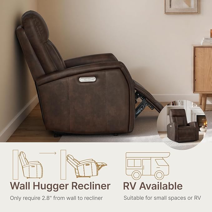 KISLOT Wall Hugger Power Recliner Chair with USB & Type-C Ports Faux Leather Recliner 135° Reclining Small Space Electric Sofa for RV Living Room Bedroom
