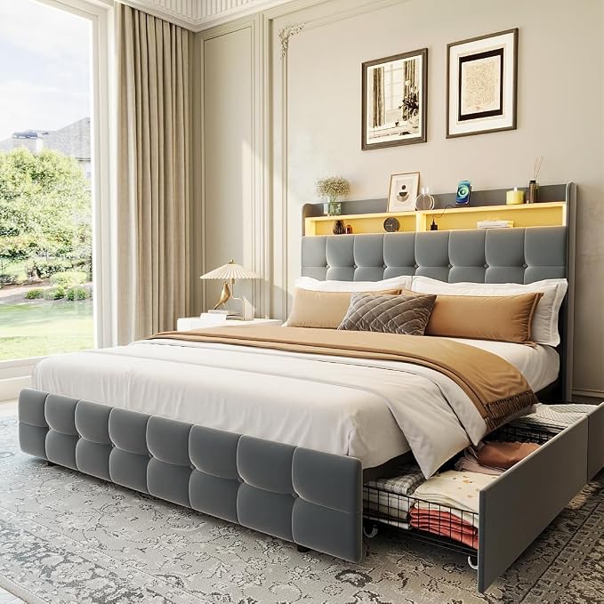 Garvee Full Size Bed Frame with 2 Storage Drawers, Upholstered Bed Frame Full with LED Light, Double-Layer Bedside Headboard with Charging Socket and USB Port, Soft Plush Fabric, Grey