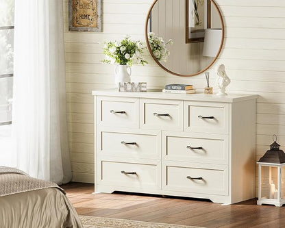 AODK Farmhouse 7 Drawer Dresser for Bedroom, 47” Wide Rustic Storage Chest with Engineered Wood Frame, Anti-Tip Design, American Country Bedroom Furniture, Vintage White