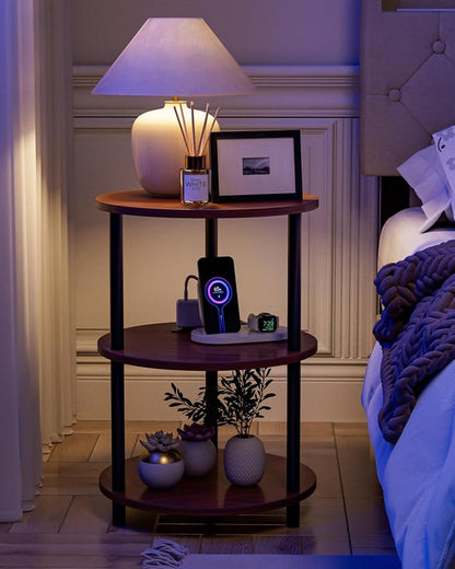 XBurmo Small Round End Table - 3 Tier Design Accent Table, Narrow Side or Bedside Stand, Industrial Vintage Table for Small Spaces, Built-in USB Ports and Power Outlet, Rustic Walnut