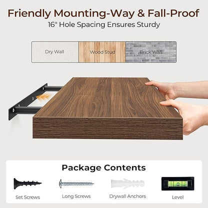 Fun Memories Floating Shelves for Wall 16 Inch Set of 3, Farmhouse Floating Shelves with Invisible Heavy Duty Bracket, 10 Inch Deep Bathroom Shelves for Storage, Living Room, Kitchen, Decor, Walnut