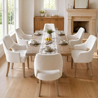 Linen Upholstered Dining Chairs Set of 6 with Arms | Cream Linen Fabric, Breathable Upholstery, Curved Backrest, Cushioned Seat, Solid Wood Legs, Farmhouse Style For Dining Room