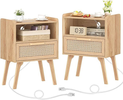 Lerliuo Rattan Nightstands Set of 2 with Charging Station, Boho Night Stand with Handmade Natural Rattan Drawer and Open Shelf, Side End Tables with Solid Wood Legs for Bedroom, Dorm, Small Spaces