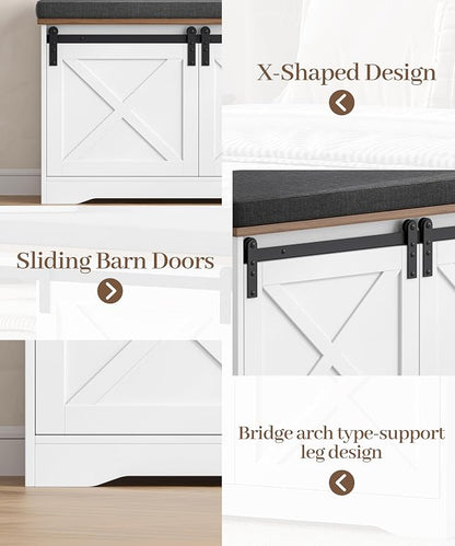 Farmhouse Storage Bench with Cushion, 47.2" Shoe Bench with Slide Barn Doors and Adjustable Shelves, Entryway Bench with Storage for Bedroom, Closet, Living Room, Hallway, White