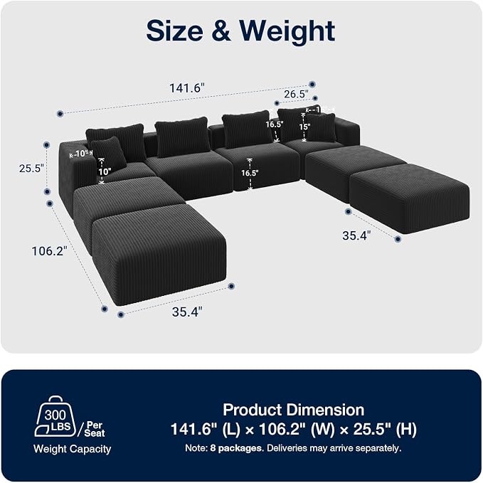Avenco 141” U-Shaped Modular Sectional Couch Sofa with 4 Ottomans, Individually Wrapped Coil Support & Corduroy Fabric, Zero Assembly 8-Piece Set for Spacious Living Room, Black