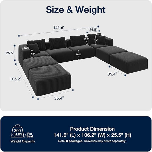 Avenco 141” U-Shaped Modular Sectional Couch Sofa with 4 Ottomans, Individually Wrapped Coil Support & Corduroy Fabric, Zero Assembly 8-Piece Set for Spacious Living Room, Black