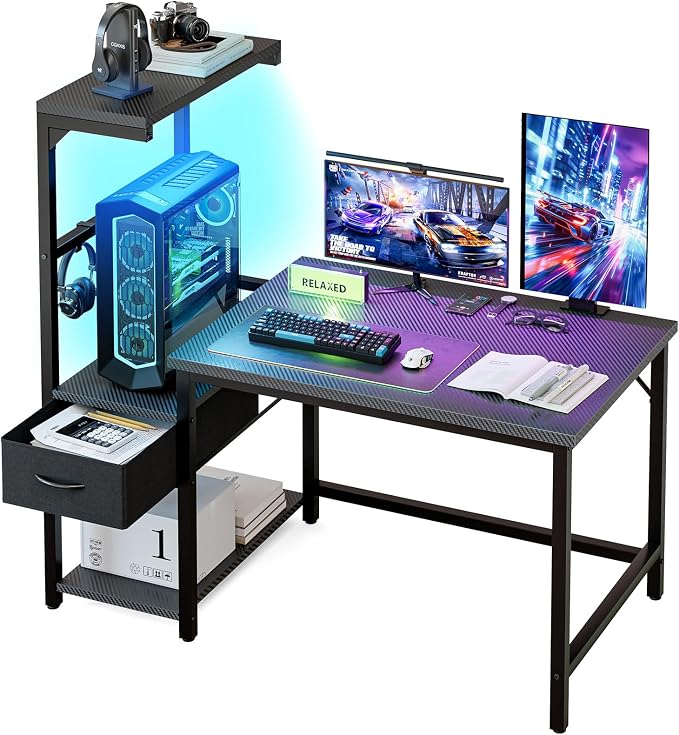 Grandder Gaming Desk 41 Inch with CPU Stand and LED Light, Computer Desk with Reversible Shelves and Storage Drawer, Pc Small Desk for Home Office Table with Bag, Carbon Fiber Black