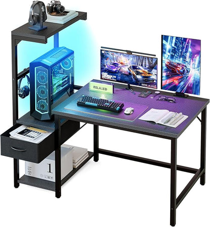 Grandder Gaming Desk 41 Inch with CPU Stand and LED Light, Computer Desk with Reversible Shelves and Storage Drawer, Pc Small Desk for Home Office Table with Bag, Carbon Fiber Black