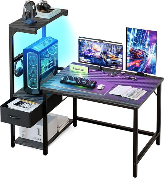 Grandder Gaming Desk 41 Inch with CPU Stand and LED Light, Computer Desk with Reversible Shelves and Storage Drawer, Pc Small Desk for Home Office Table with Bag, Carbon Fiber Black