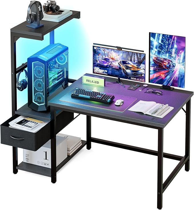Grandder Gaming Desk 47 Inch with CPU Stand and LED Light, Computer Desk with Reversible Shelves and Storage Drawer, Pc Small Desk for Home Office Table with Bag, Carbon Fiber Black