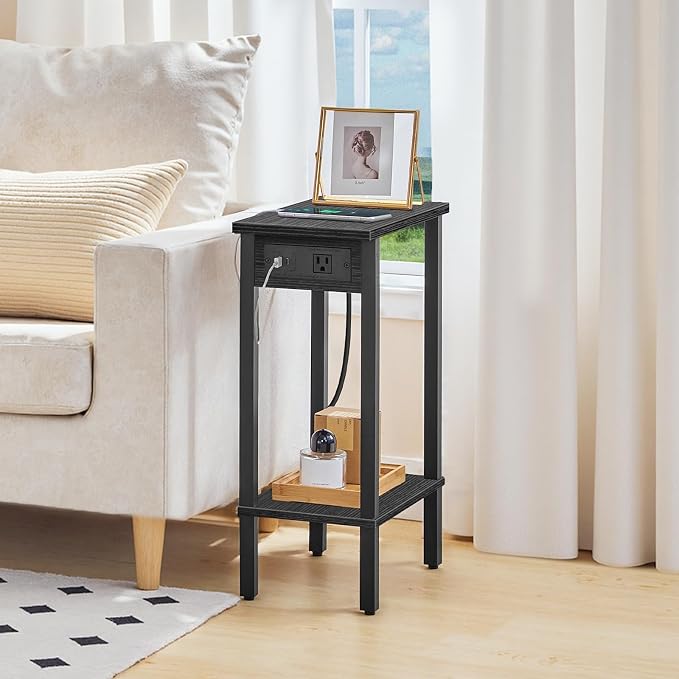 HOOBRO Small End Table with Charging Station, Narrow Side Table with USB Port and Outlets, Skinny Sofa Table, Slim Nightstand, Living Room, Bedroom, Black BK240UBZ01