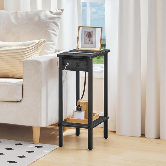 HOOBRO Small End Table with Charging Station, Narrow Side Table with USB Port and Outlets, Skinny Sofa Table, Slim Nightstand, Living Room, Bedroom, Black BK240UBZ01