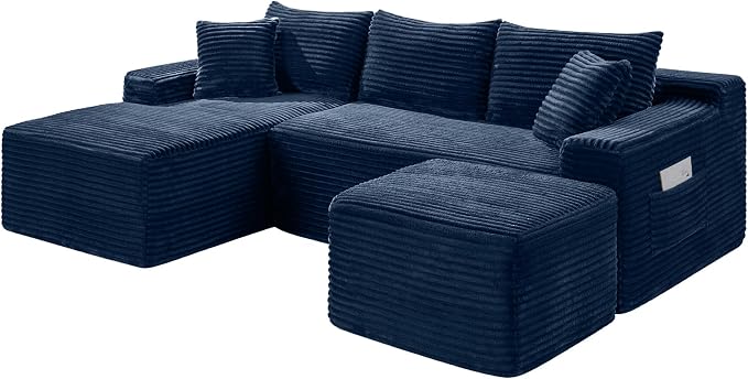95-Inch U-Shaped Left Facing Corner Compressed Sofa Modular Sectional Boneless Cloud Sofa Floor Foam Couch W/Chaise Lounge & Ottoman, Corduroy Corner Boneless Cloud Couch