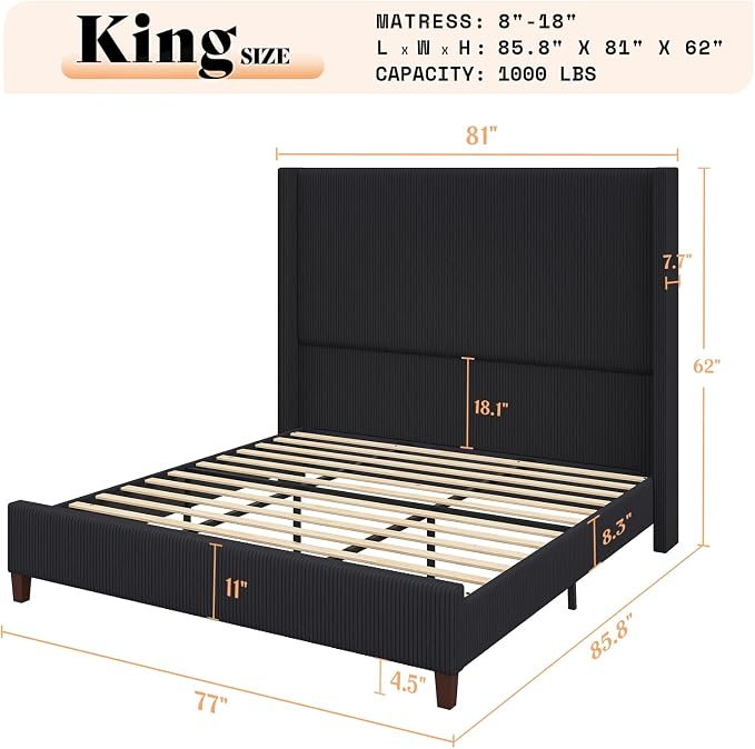 AMERLIFE King Size 62" Corduroy Upholstered Bed Frame, Luxurious Platform Bed with Extra Tall Wingback Headboard and Vertical Stripe, No Box Spring Needed/Solid Wood Slats & Legs/Black