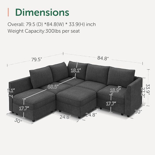 HONBAY Modular Sectional Sofa L Shaped Sectional Couch with Storage, Convertible Couches for Living Room - Snowflake Velvet Grey