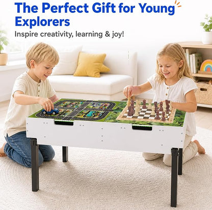 Taladad&kydspac 3 in 1 Table with Storage,Wooden Kids Activity Table Compatible with Lego and Building Block,Construction+Train+Chess Toddler Play Table,Wheels for Under Bed or Sofa Storage