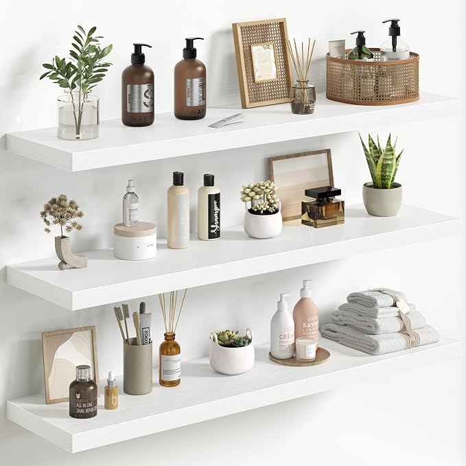 Fun Memories Floating Shelves for Wall 40 Inch Set of 3, Farmhouse Floating Shelves with Invisible Heavy Duty Bracket, 10 Inch Deep Bathroom Shelves for Storage, Living Room, Kitchen, Decor, White