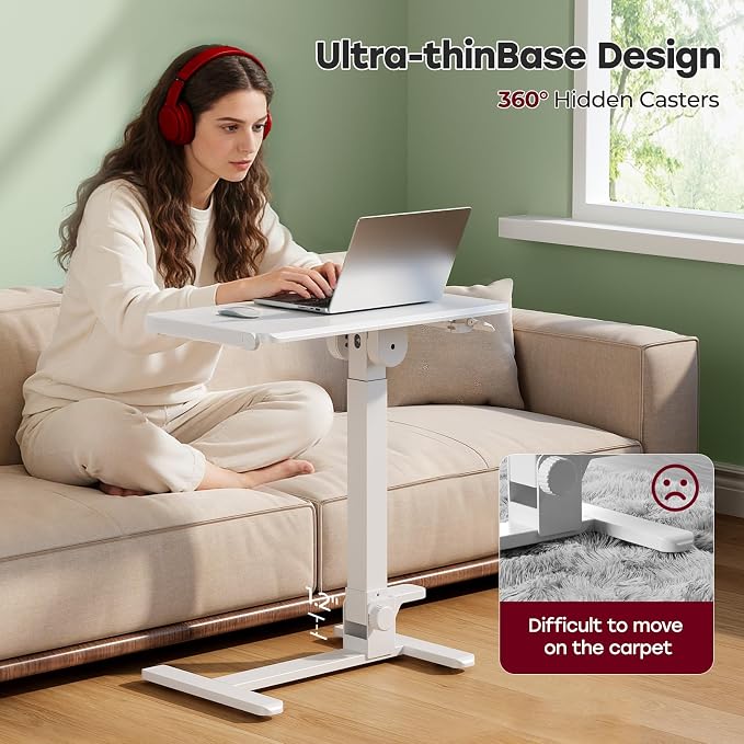 Foldable Mobile Standing Desk, 27 Inch Small Rolling Laptop Cart Height Adjustment, 90° Tiltable Bedside Table, No Assembly Needed Portable Computer Workstation, White