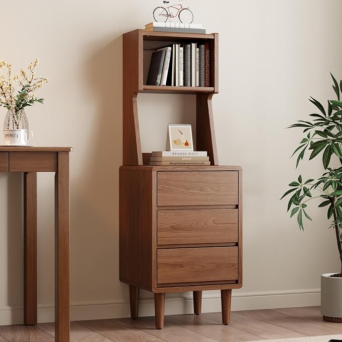Solid Wood Bookshelf with Drawers,Narrow bookcase with Storage Shelves,Tall Nightstand with Drawers,Mid Century Modern Nightstand,Open Shelf Bookcase,Small Book Shelf for Bedroom,Living Room,Offices