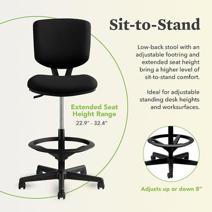 HON Volt Standing Desk Chair with Bonded Leather Seat and Back, Armless Ergonomic Task Stool with Adjustable Footring and Center‑Tilt Recline for Sit‑Stand Workstations, Black