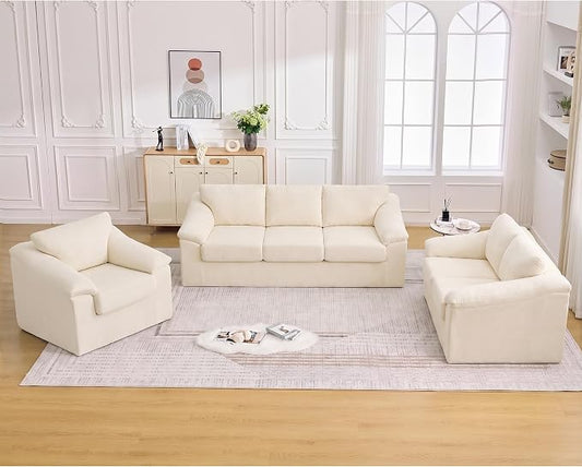 Oversized Boneless Couch Sets, Modern 3 Seater Sofa, Loveseat Sofa with Accent Sofa Chair, Floor Cloud Couch Sets with Extra Comfy Soft Deep Seats for Living Room, No Assemby, Set of 3, Beige
