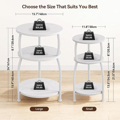 Round Side Table, 3-Tier End Table with Storage Shelf, 15.7" Wide Nightstand for Small Spaces, Tall Sofa Table Capable of Holding Laptops & Lamps, Bedside Table for Bedroom & Living Room, White