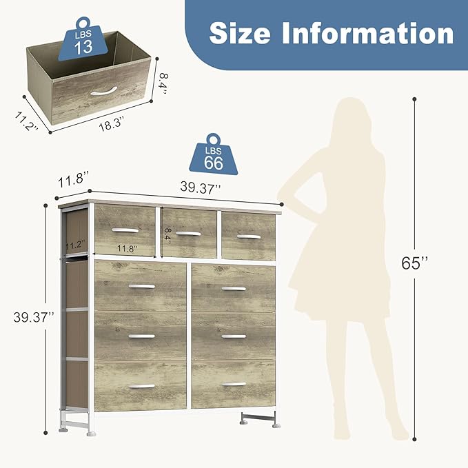 DUMOS 9 Drawer Dresser for Bedroom, Storage Organizer Chest of Drawers | Fabric Bins Storage Tower with Sturdy Metal Frame, Wood Tabletop for Closet, Gold