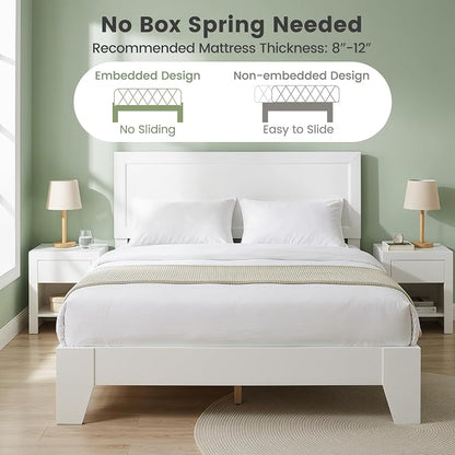 KOMFOTT Full Size Bed Frame, Modern Platform Bed with Headboard, Wooden Slat Support Mattress Foundation, Under-Bed Storage Space, No Box Spring Needed (White,Full)