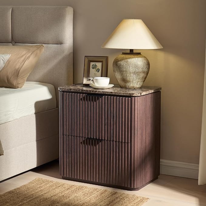 Fluted Nightstands Set 2 with Faux Marble Top, Modern Bedside Table | FSC-Certified Engineered Wood, 24" H, 2 Drawers, Rounded Corner, Metal Handle, for Bedroom, Dark Oak