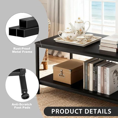 SUPER DEAL 2-Tier Coffee Table with Storage Shelf for Small Apartment Living Room, Rectangle Wood and Stable Metal TV Stand Side End Table, Black