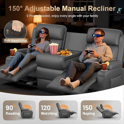 Loveseat Recliner Sofa, Home Theater Seating with Massage, 3 Seat Reclining Loveseats with Flip Backrest, Wall Hugger RV Couch Theater Chairs, RV Furniture Sofas with USB, Cup Holders for Gaming Room