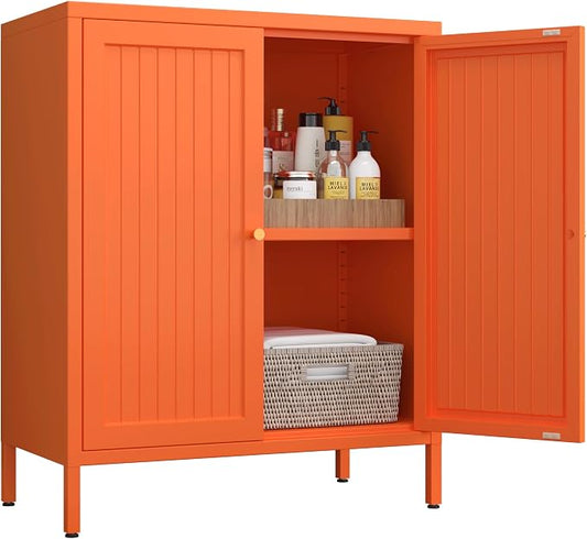 Metal Accent Storage Cabinet for Home,LivingRoom, Office,Kitchen- Metal Locker Cabinet with 1 Adjustable Shelves-Bathroom Floor Storage Cabinet Freestanding Organizer (Stripe Door, Orange)