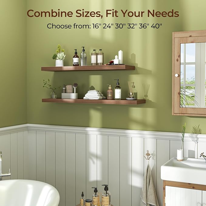 Fun Memories Floating Shelves for Wall 40 Inch Set of 3, Farmhouse Floating Shelves with Invisible Heavy Duty Bracket, 10 Inch Deep Bathroom Shelves for Storage, Living Room, Kitchen, Decor, Walnut