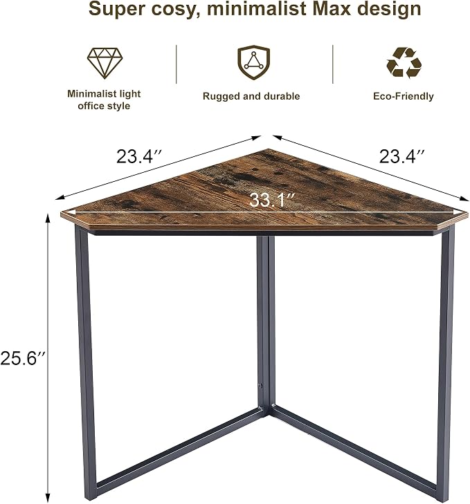 VECELO Corner Desk,Office Tables for Living Room for Small Space Triangle Computer Desk with Steel Frame Corner Shelves with Metal Frame Writing Desk for Workstation Retro Brown 33.1"