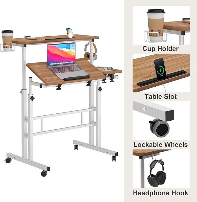 SogesHome 31.5 inch Mobile Standing Desk Adjustable Computer Desk Rolling Laptop Cart Portable Laptop Stand on Wheels Home Office Workstation with Cup Holder,Headphone Holder, Upgrade Oak